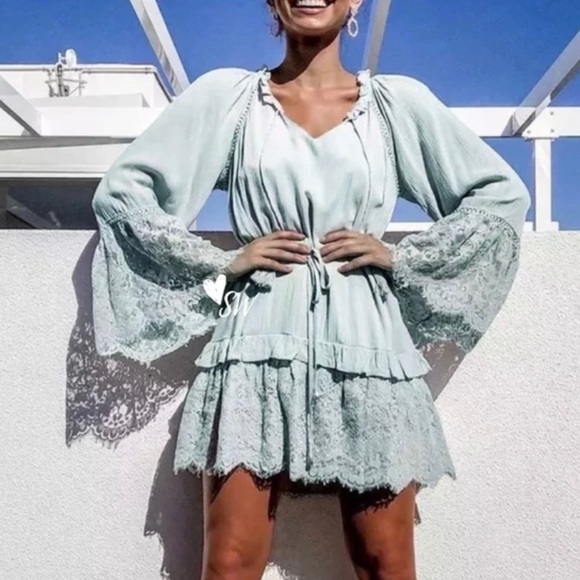 Shop Fig Dresses & Skirts - New Boho Lace Mint Floral Long Sleeve Gypsy Dress